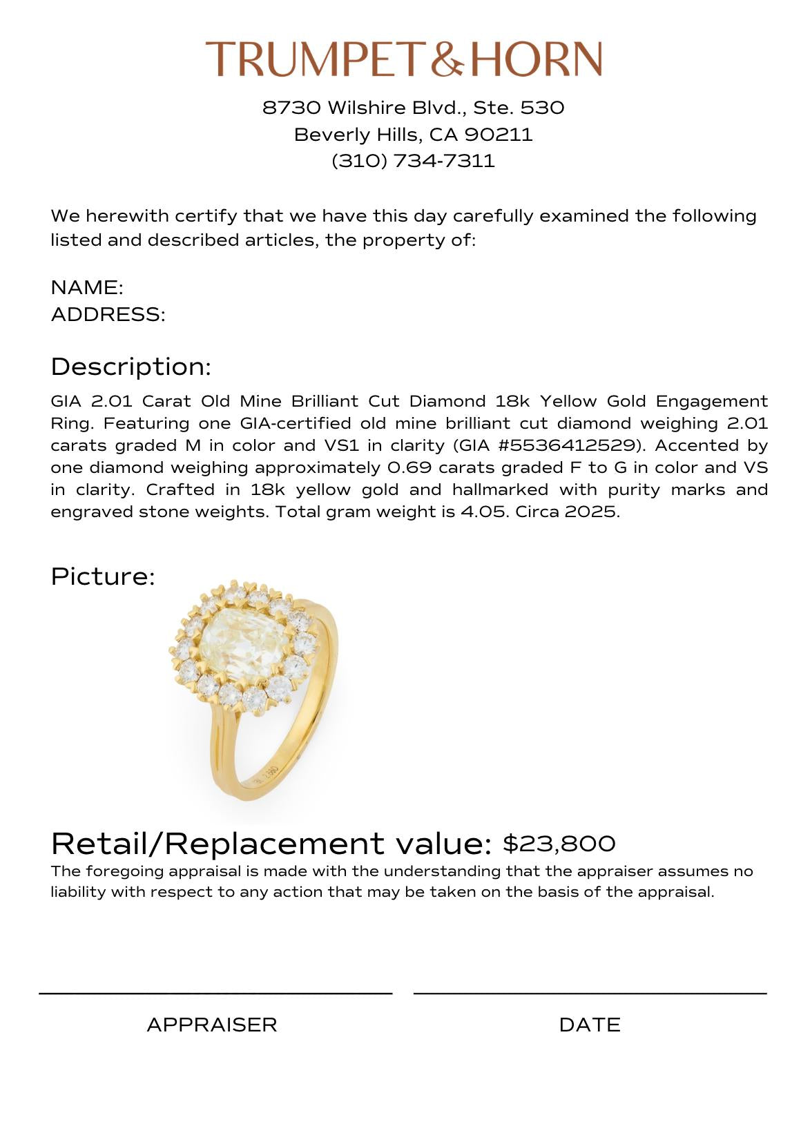 GIA 2.01 carat old mine cut diamond 18k yellow gold engagement ring