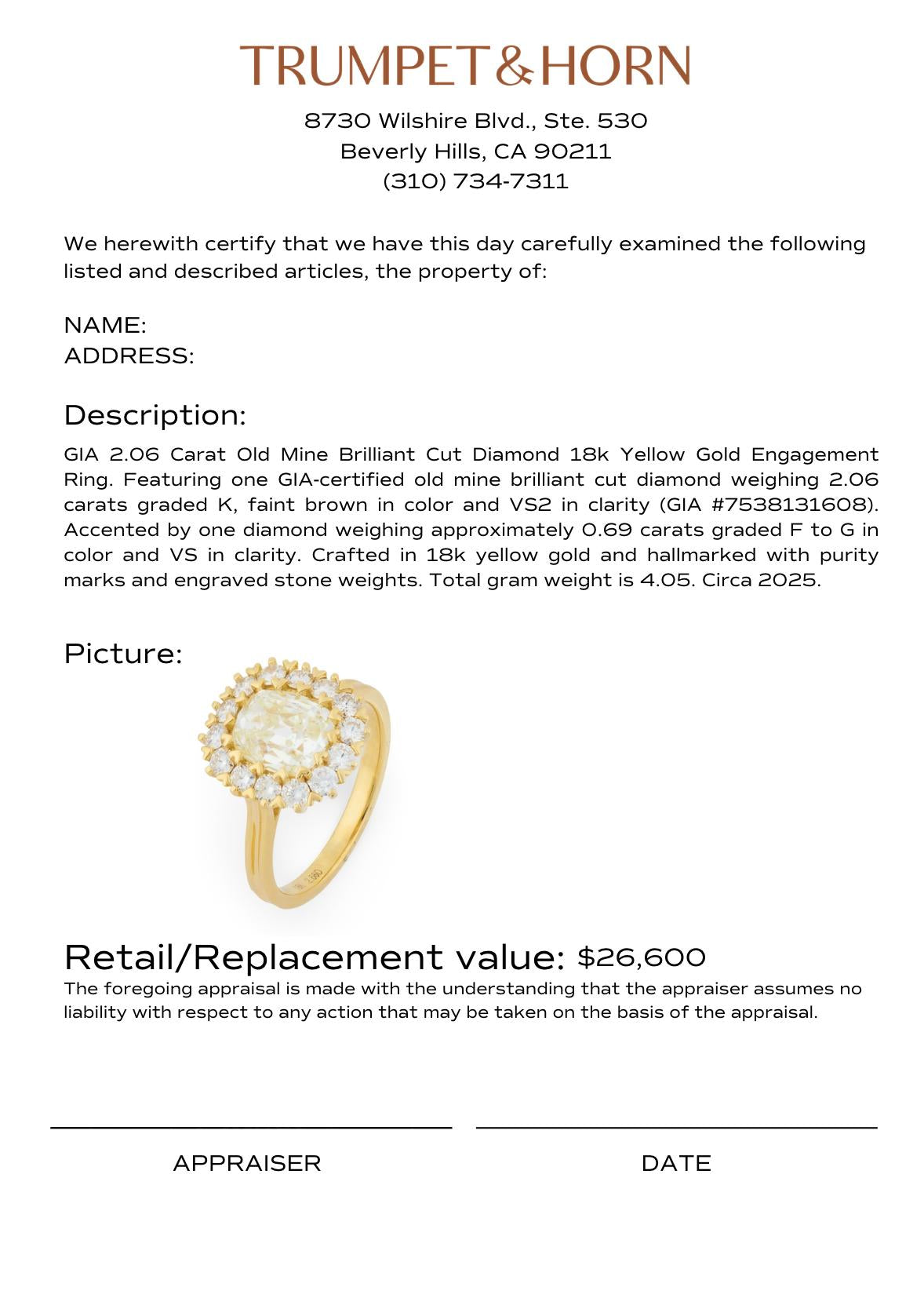 GIA 2.06 carat old mine cut diamond 18k yellow gold engagement ring