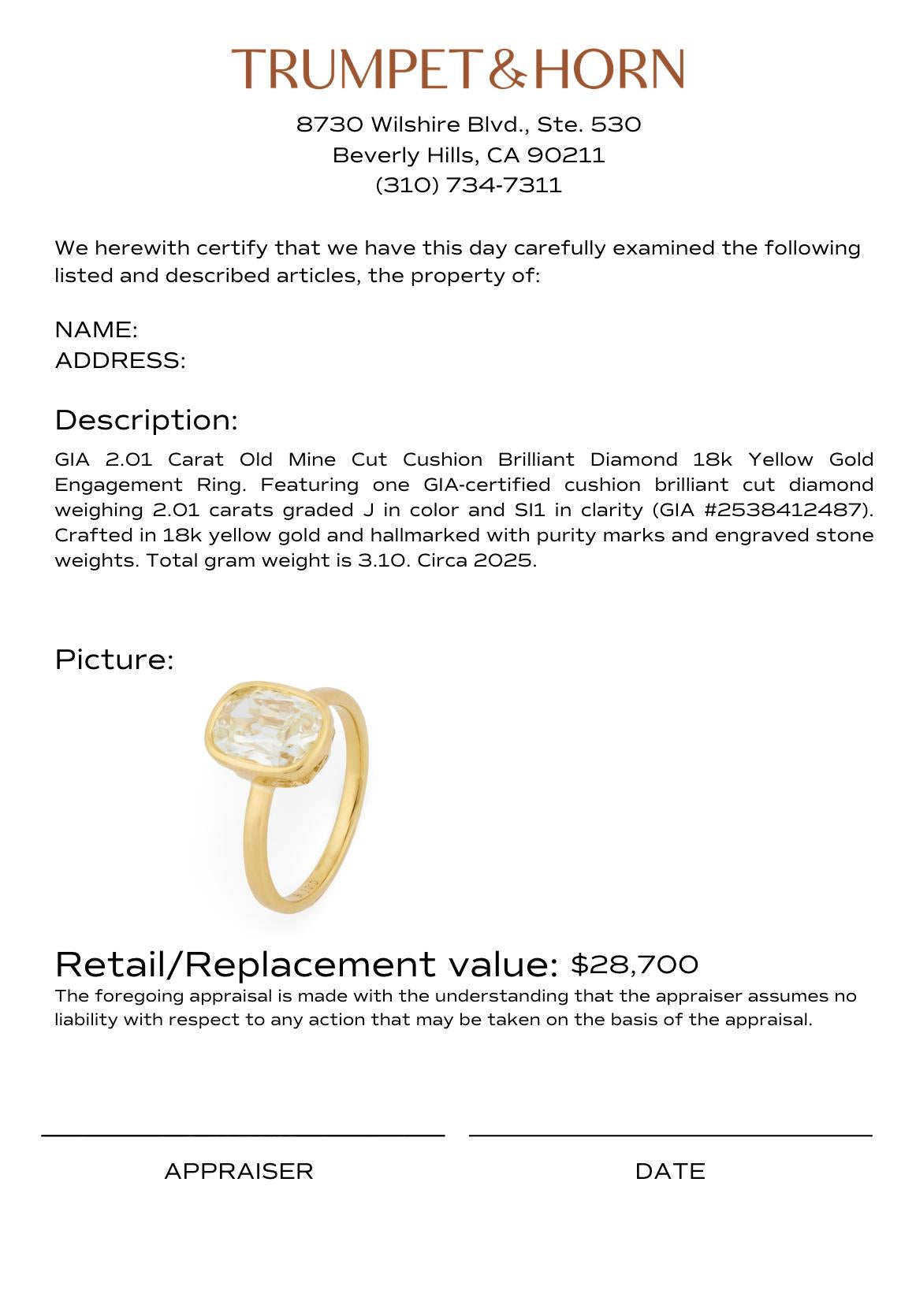 GIA 2.01 carat old mine cut diamond 18k yellow gold engagement ring