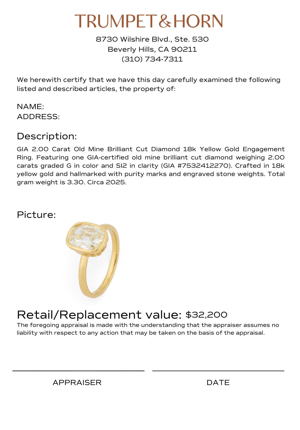 GIA 2.00 carat old mine cut diamond 18k yellow gold engagement ring