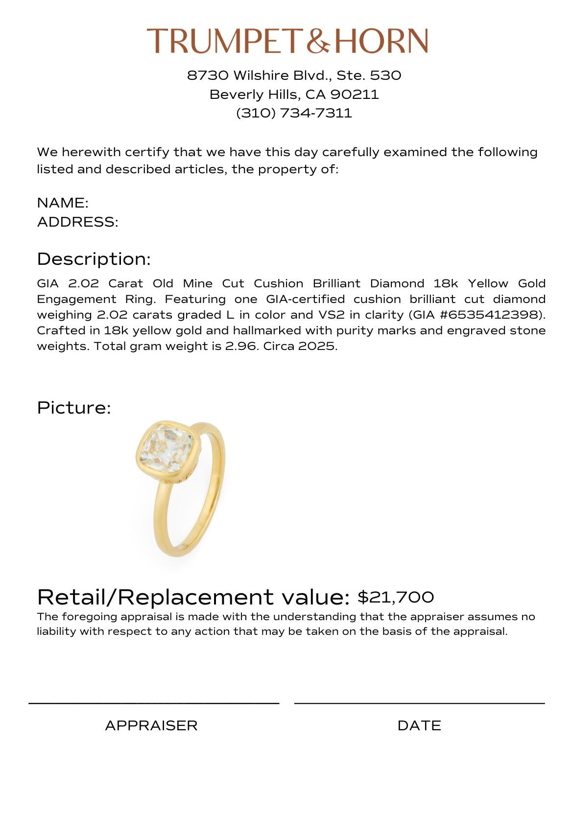 GIA 2.02 carat old mine cut diamond 18k yellow gold engagement ring