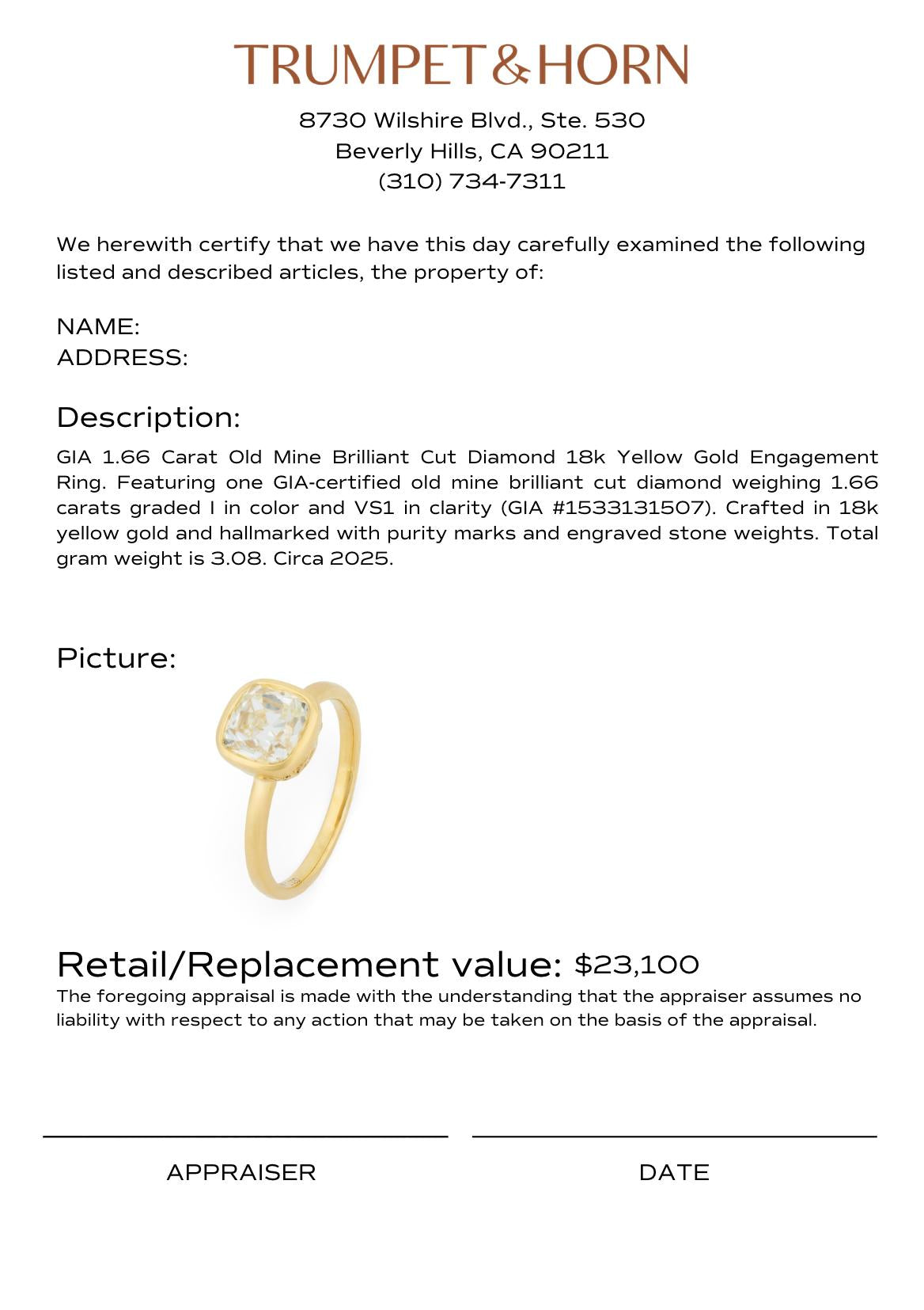 GIA 1.66 carat old mine cut diamond 18k yellow gold engagement ring