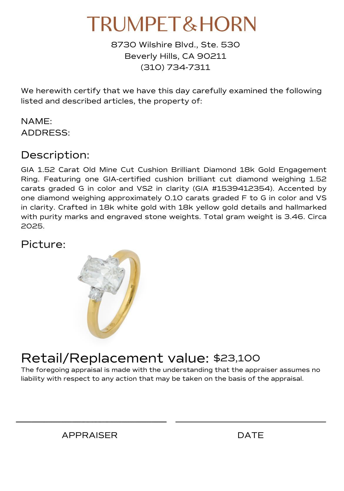 GIA 1.52 carat old mine cut diamond 18k gold engagement ring