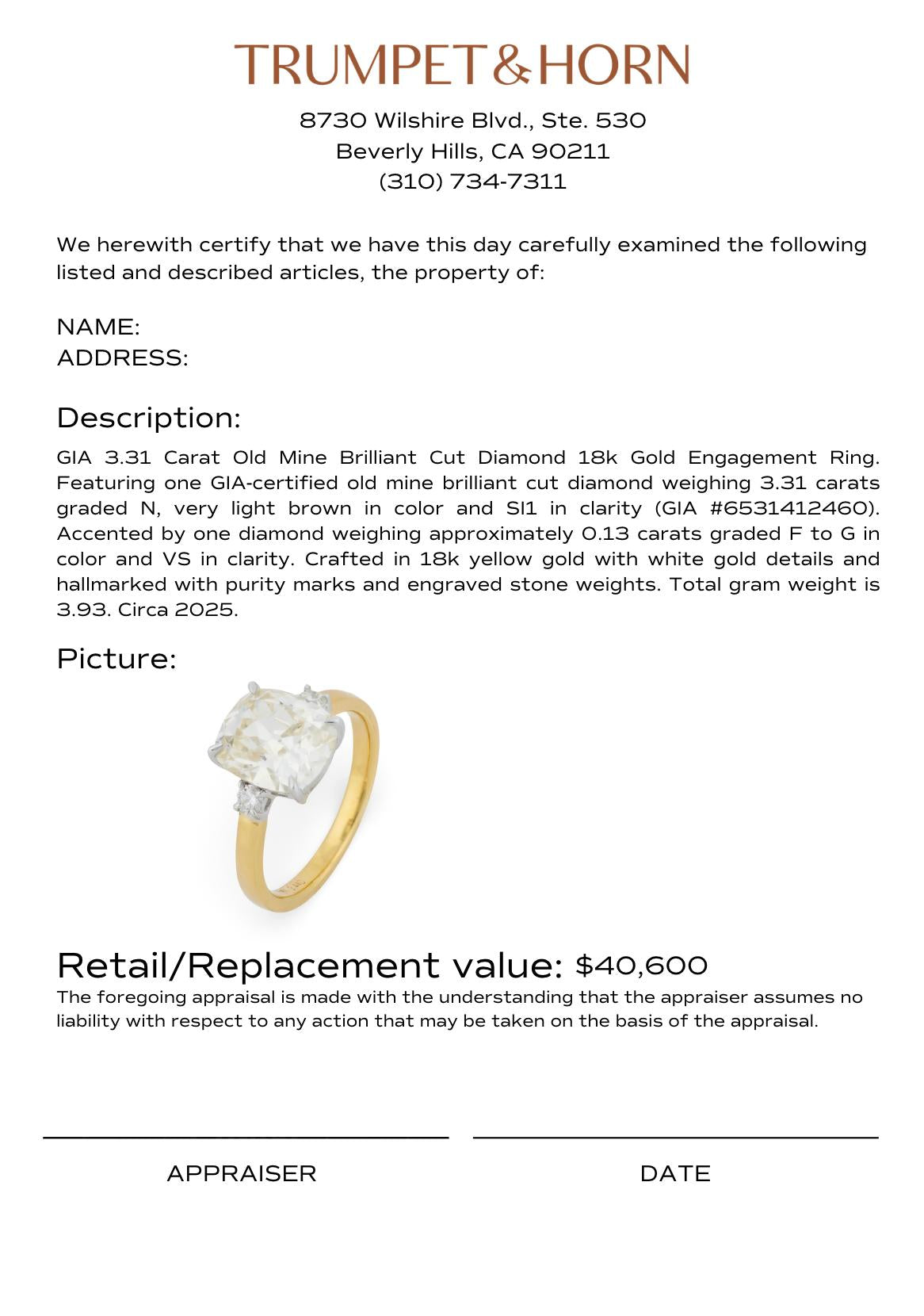 GIA 3.31 carat old mine cut diamond 18k gold engagement ring