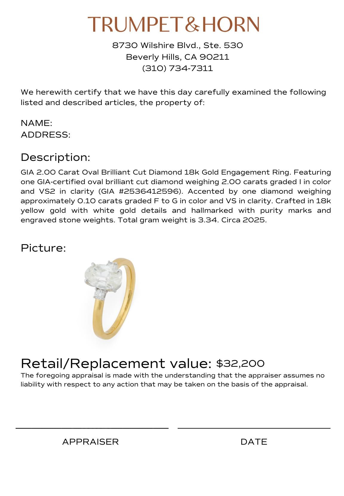 GIA 2.00 carat oval cut diamond 18k yellow gold engagement ring