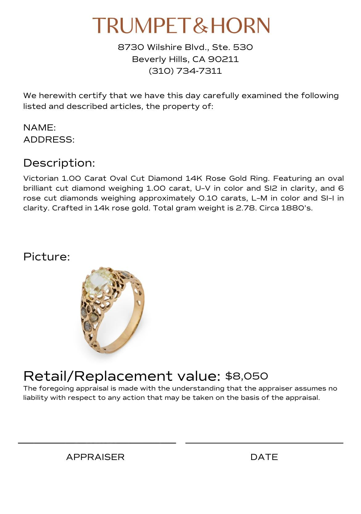 Victorian GIA 1.00 carat oval cut diamond 14k rose gold ring