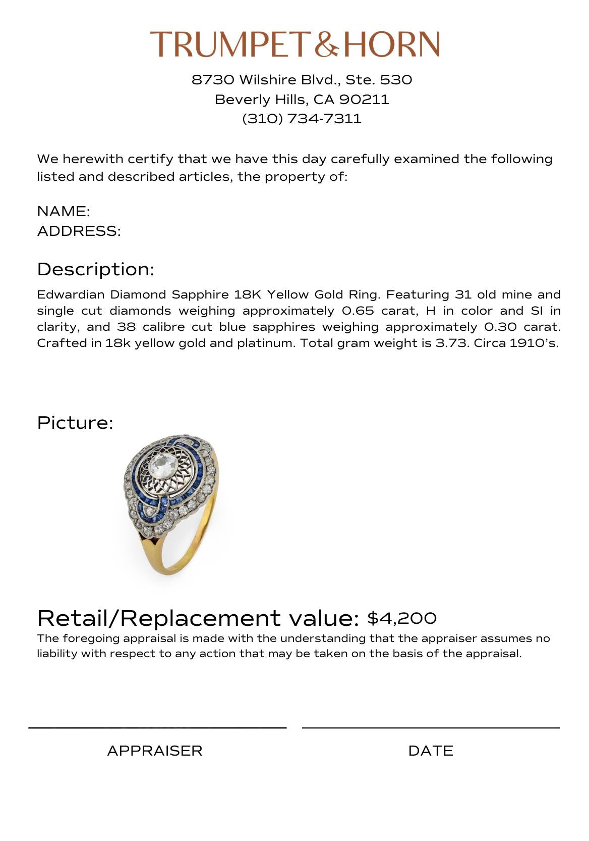 Edwardian diamond sapphire 18k yellow gold ring