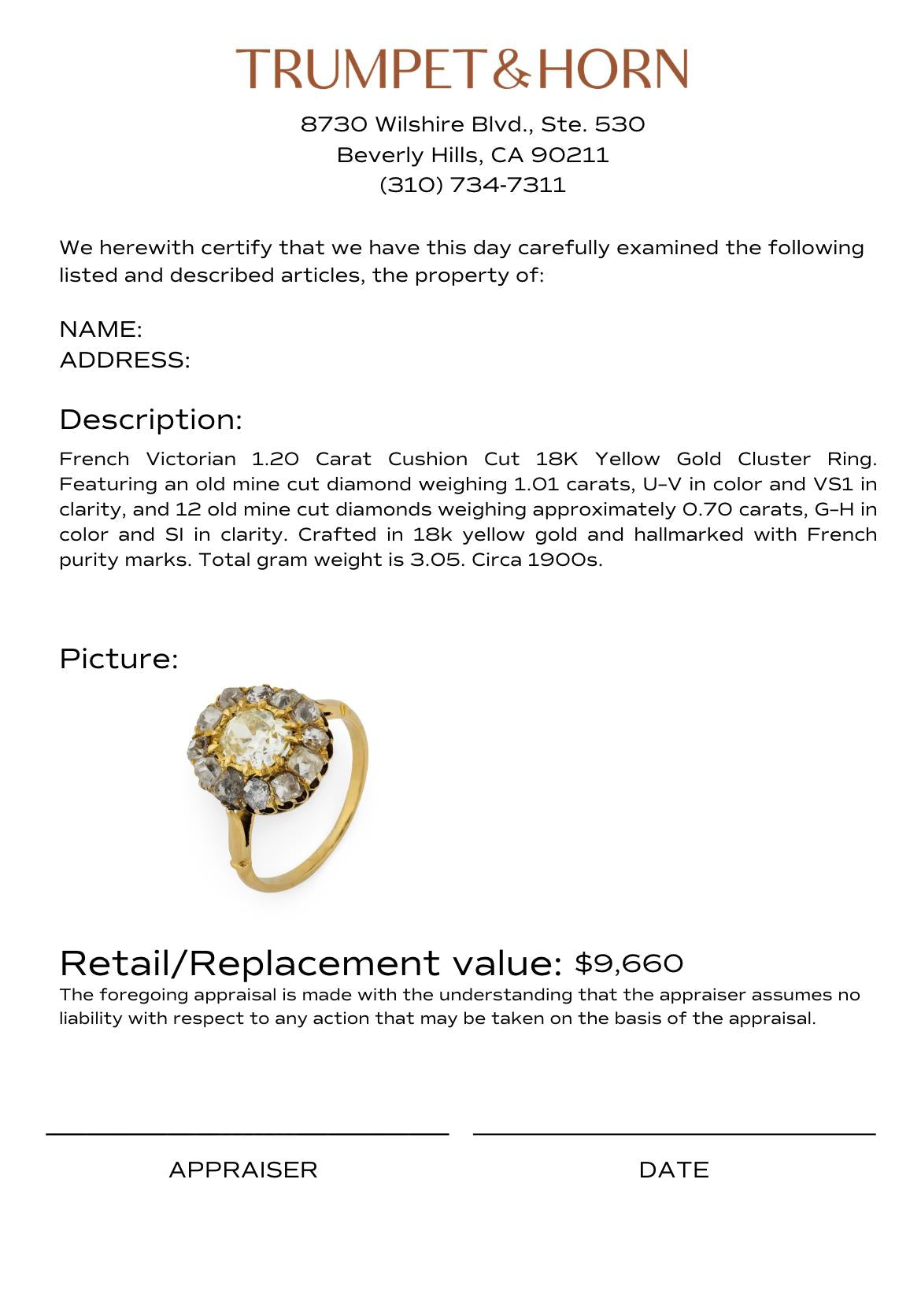 French Victorian GIA 1.20 carat cushion cut 18k yellow gold cluster ring