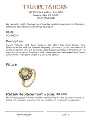 French Victorian GIA 1.20 carat cushion cut 18k yellow gold cluster ring