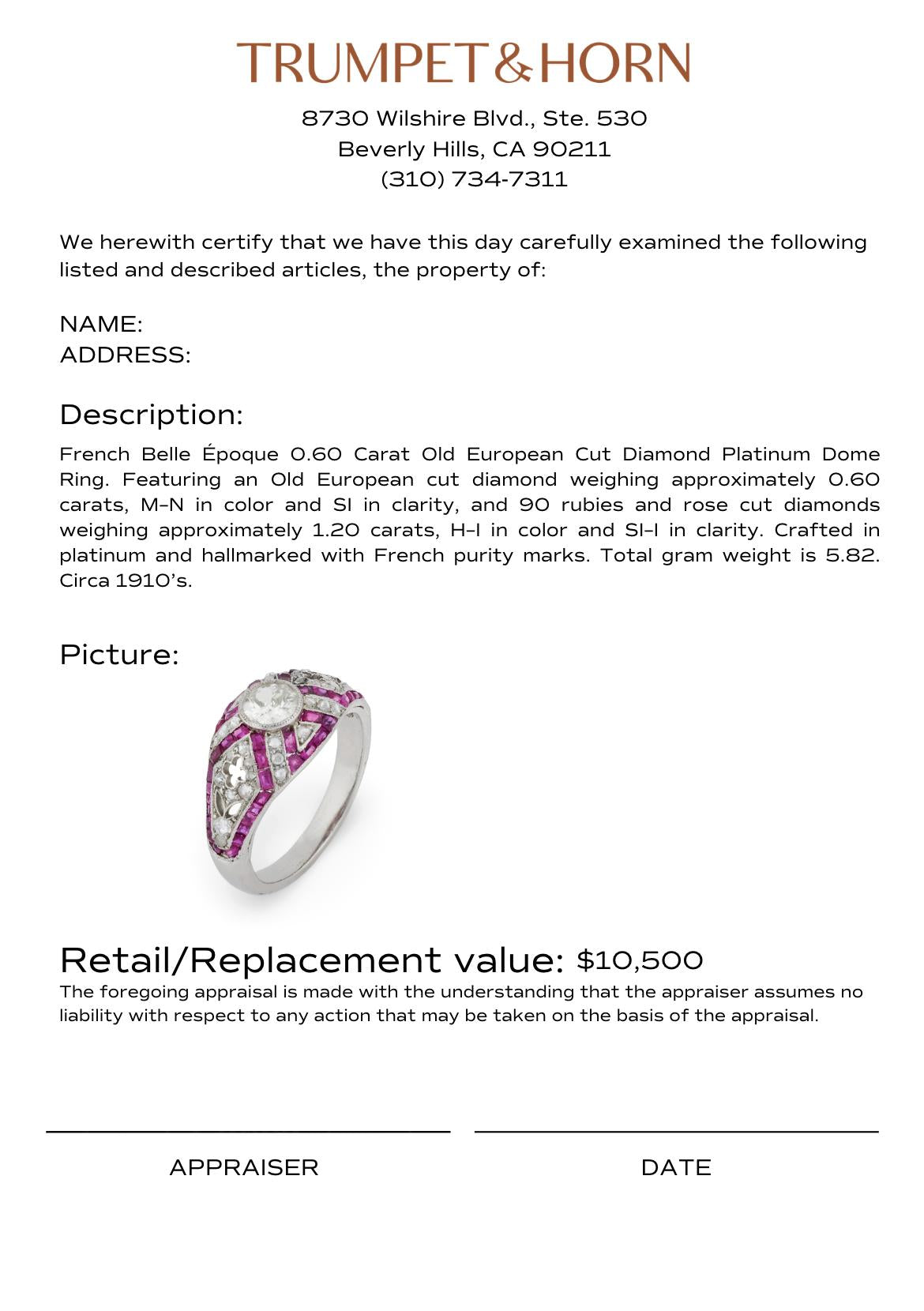 French Belle Époque 0.60 carat old European cut diamond platinum dome ring