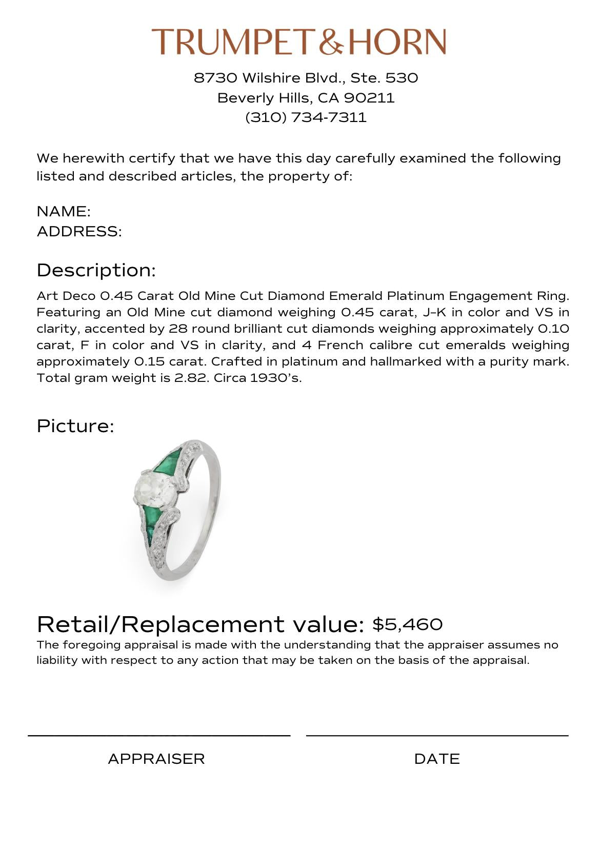 Art Deco 0.45 carat old mine cut diamond emerald platinum engagement ring