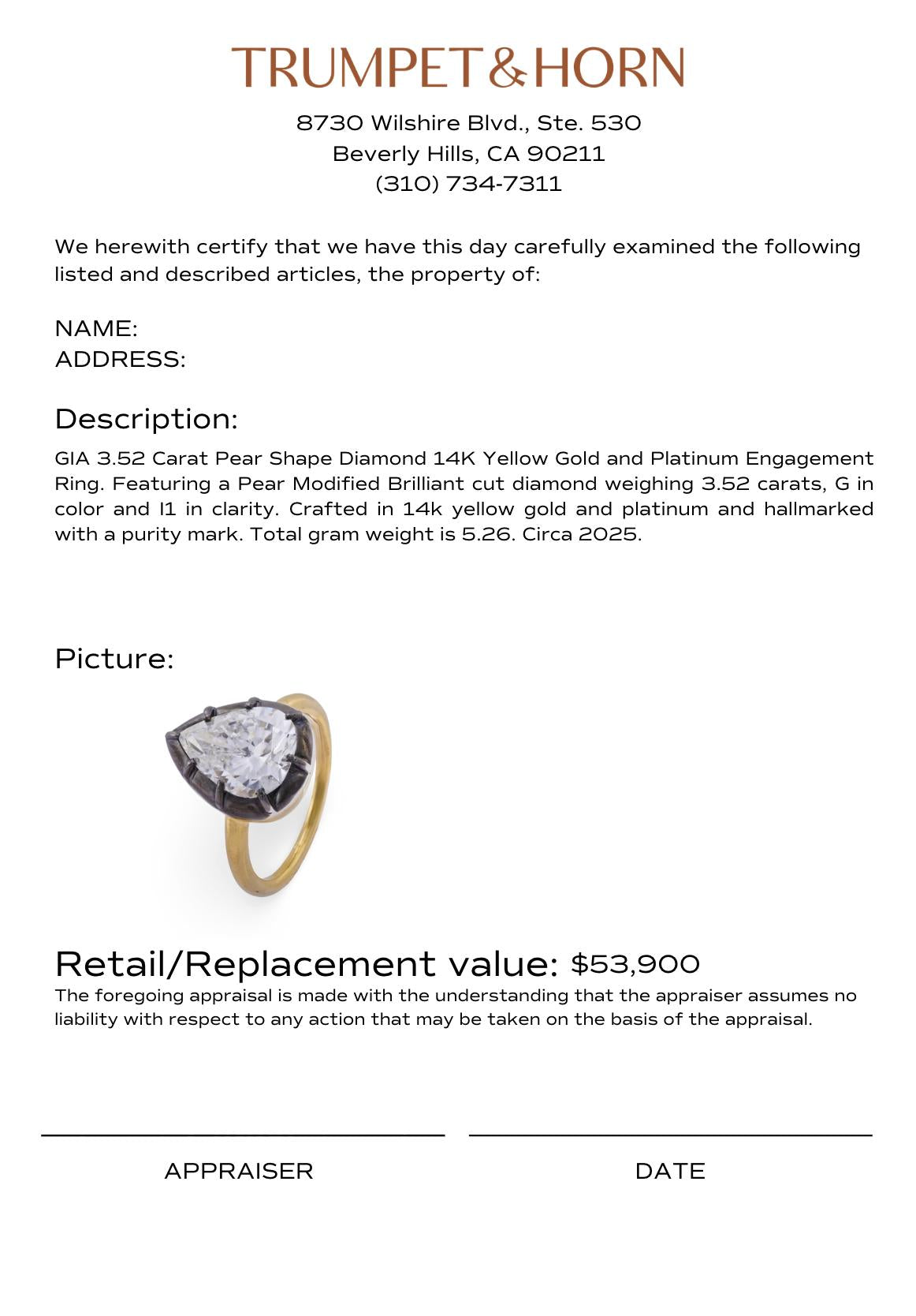 GIA 3.52 carat pear shape diamond 14k yellow gold and platinum engagement ring