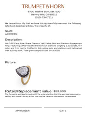 GIA 3.52 carat pear shape diamond 14k yellow gold and platinum engagement ring