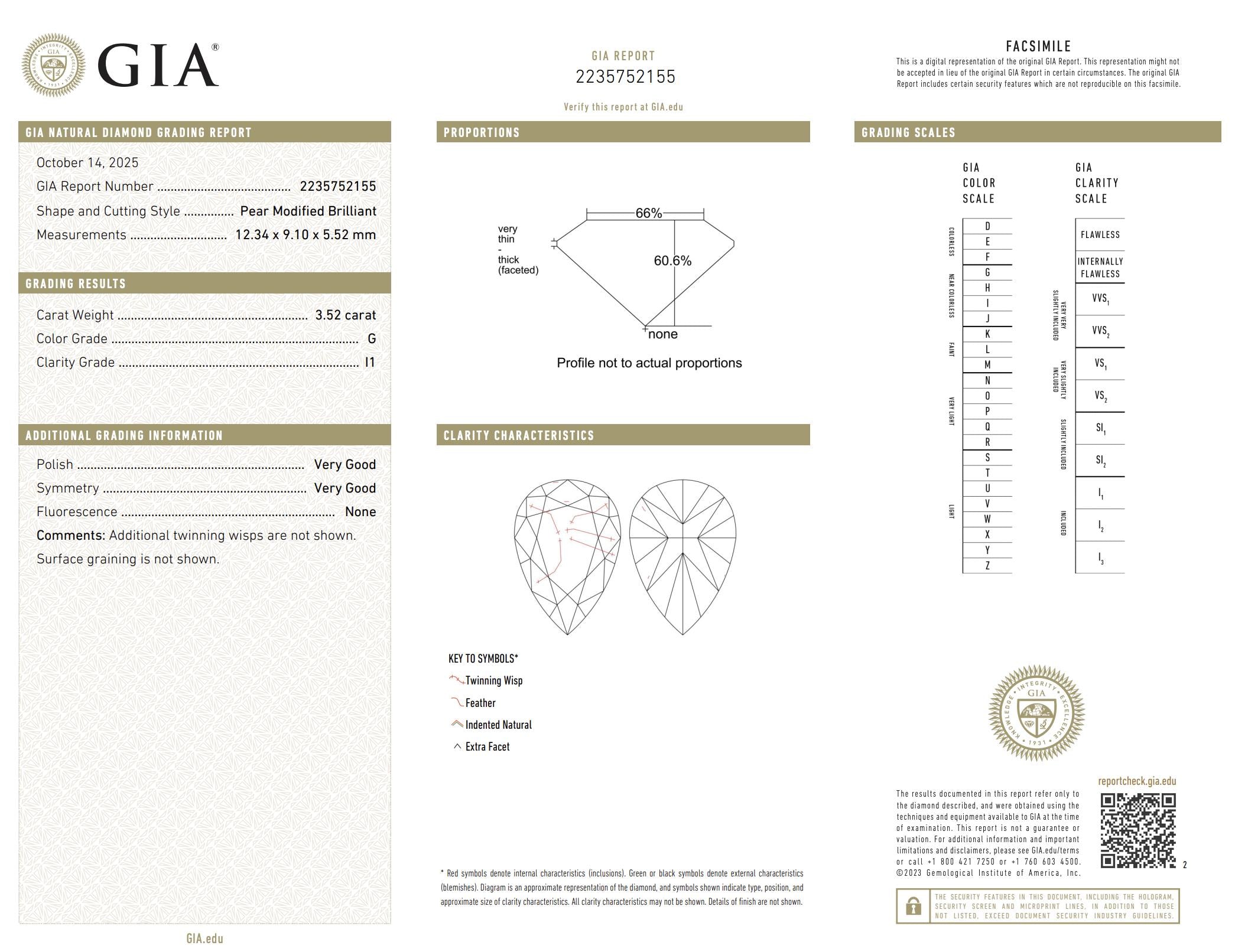 GIA 3.52 carat pear shape diamond 14k yellow gold and platinum engagement ring