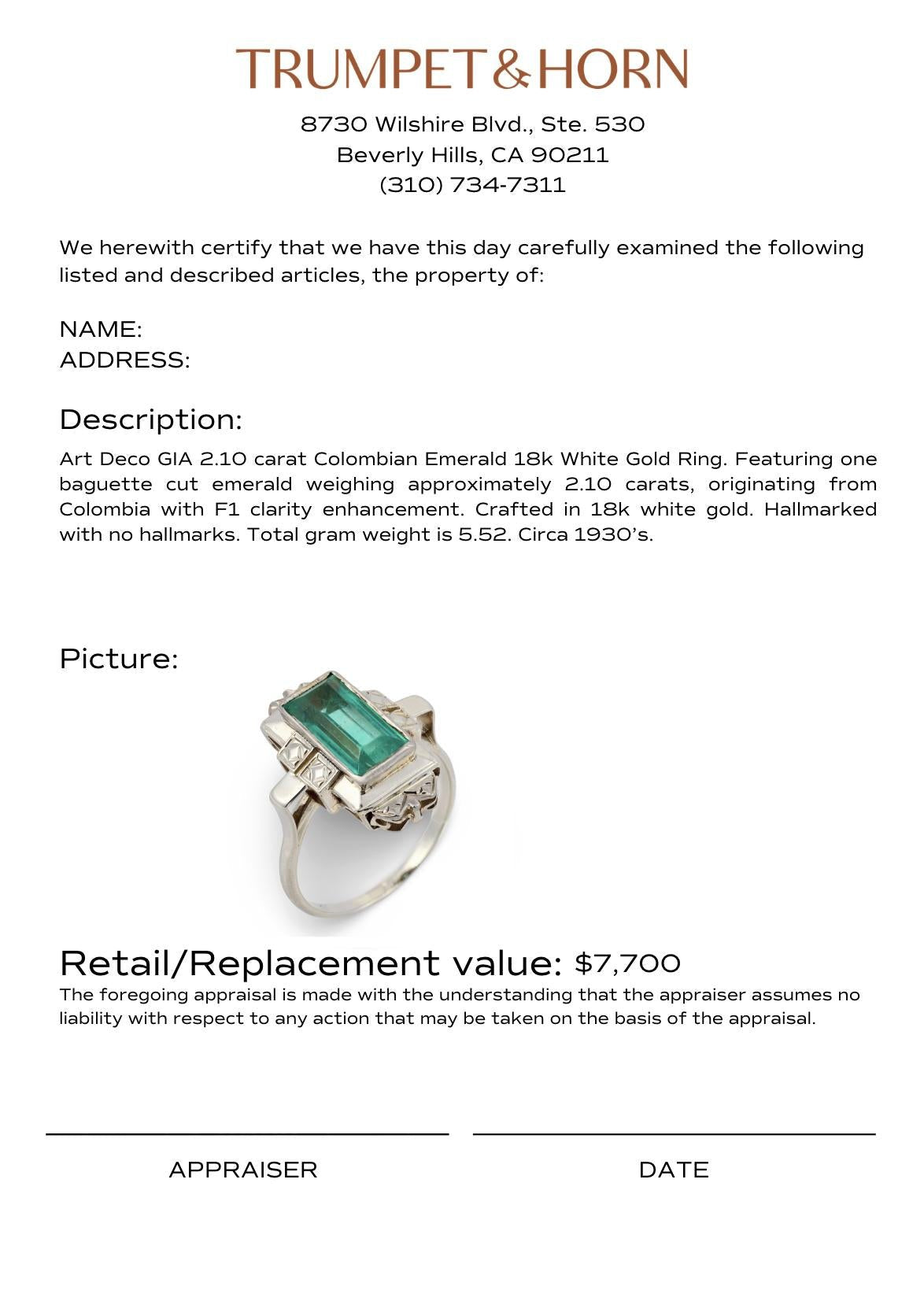 Art Deco GIA 2.10 carat Colombian emerald 18k white gold ring