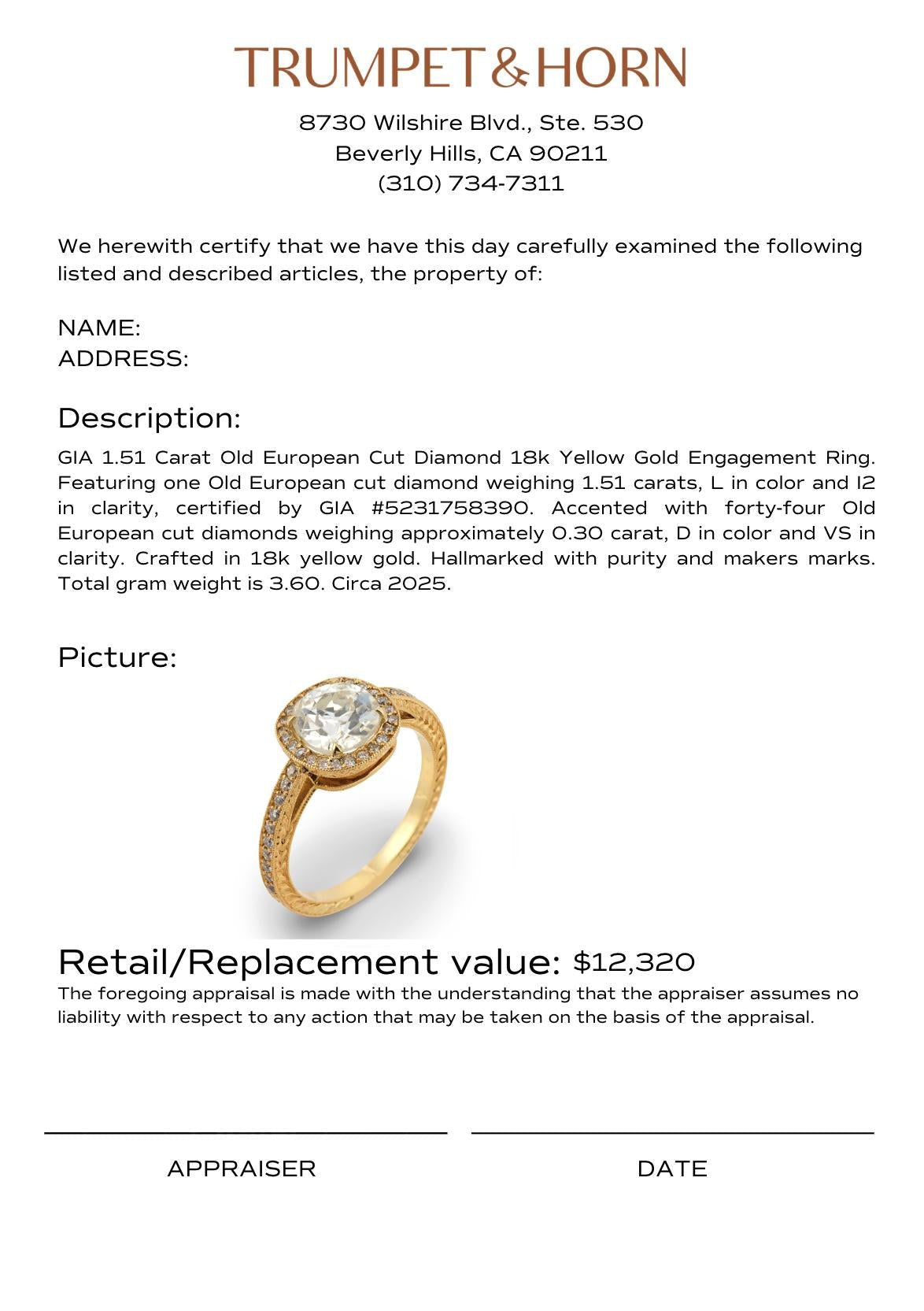 GIA 1.51 carat old European cut diamond 18k yellow gold engagement ring