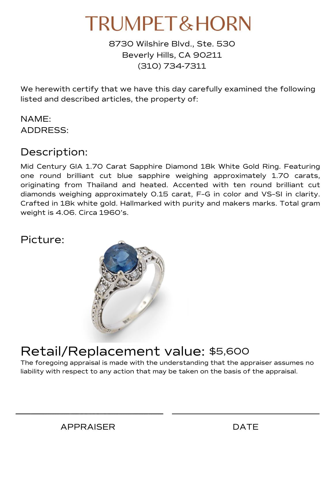 Mid Century GIA 1.70 carat sapphire diamond 18k white gold ring