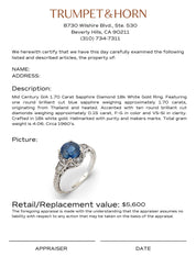 Mid Century GIA 1.70 carat sapphire diamond 18k white gold ring