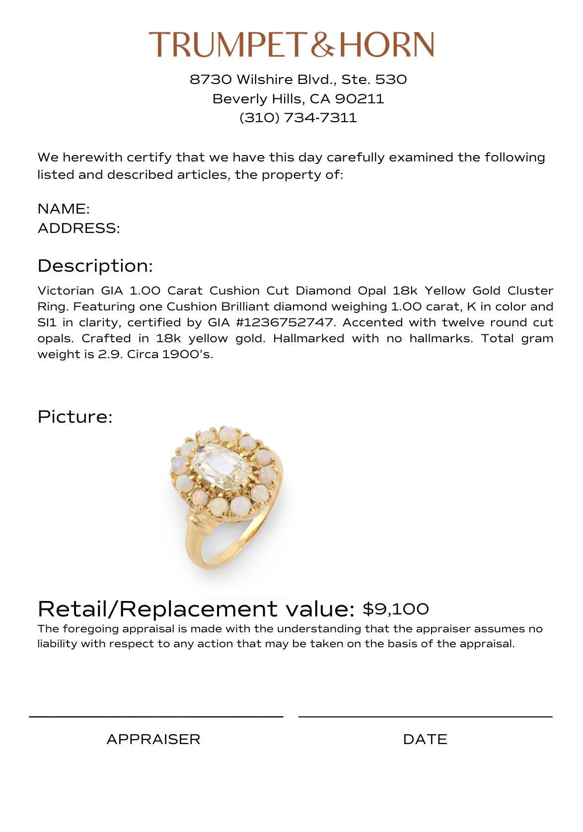 Victorian GIA 1.00 carat cushion cut diamond opal 18k yellow gold cluster ring