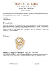 Victorian GIA 1.00 carat cushion cut diamond opal 18k yellow gold cluster ring