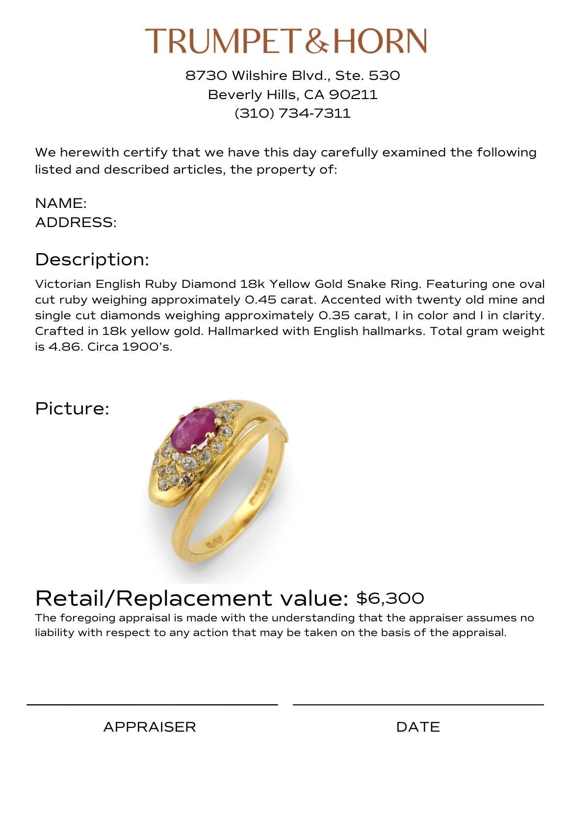 Victorian English ruby diamond 18k yellow gold snake ring