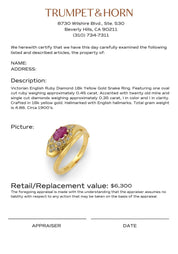 Victorian English ruby diamond 18k yellow gold snake ring