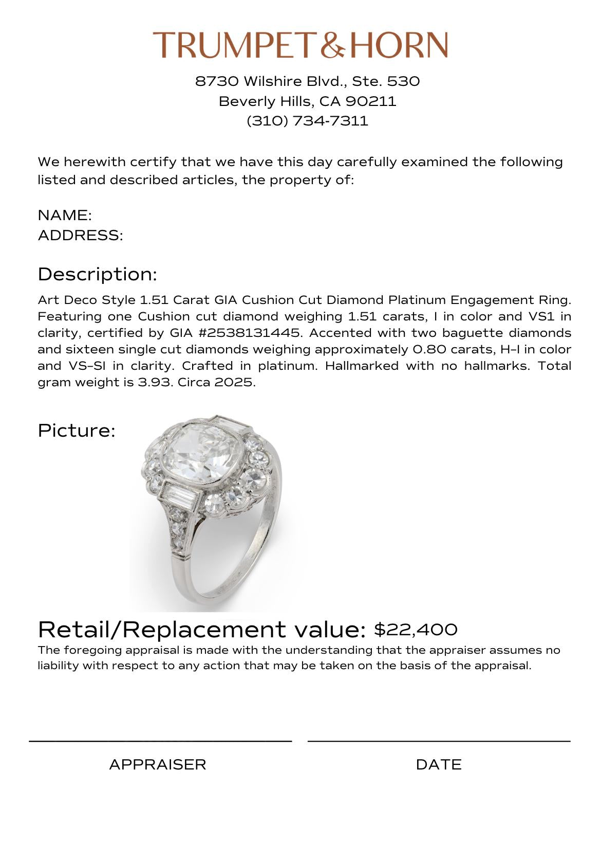 Art Deco style 1.51 carat GIA cushion cut diamond platinum engagement ring