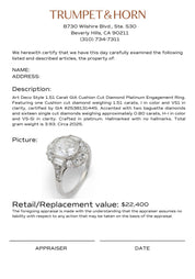 Art Deco style 1.51 carat GIA cushion cut diamond platinum engagement ring