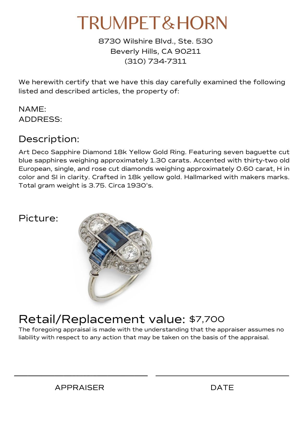 Art Deco sapphire diamond 18k yellow gold ring