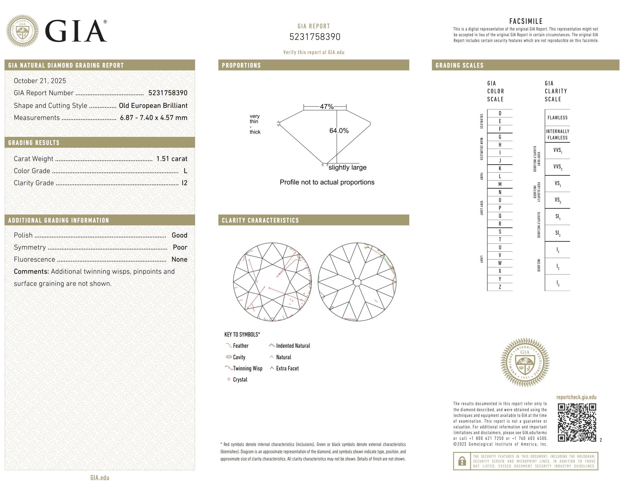 GIA 1.51 carat old European cut diamond 18k yellow gold engagement ring