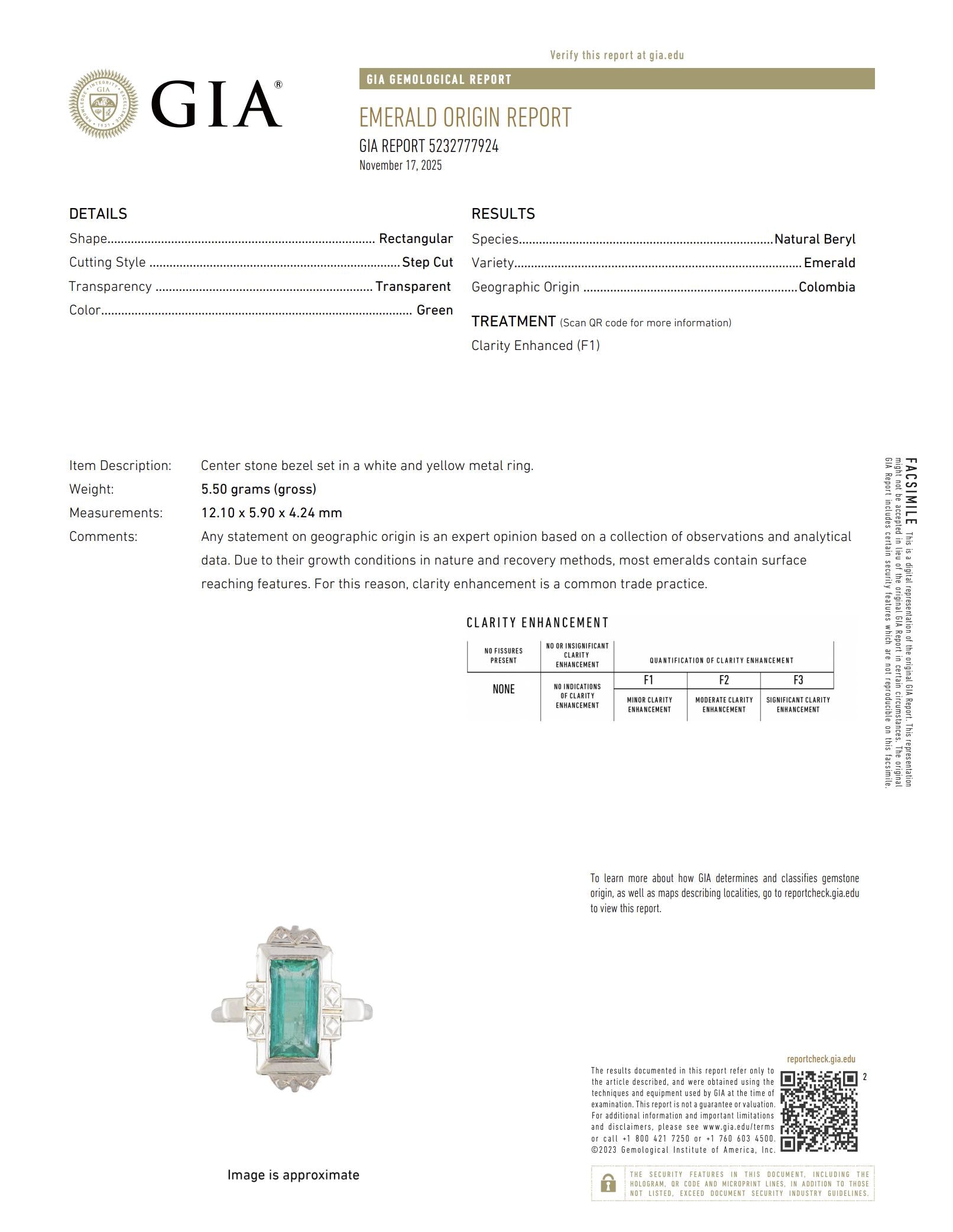 Art Deco GIA 2.10 carat Colombian emerald 18k white gold ring