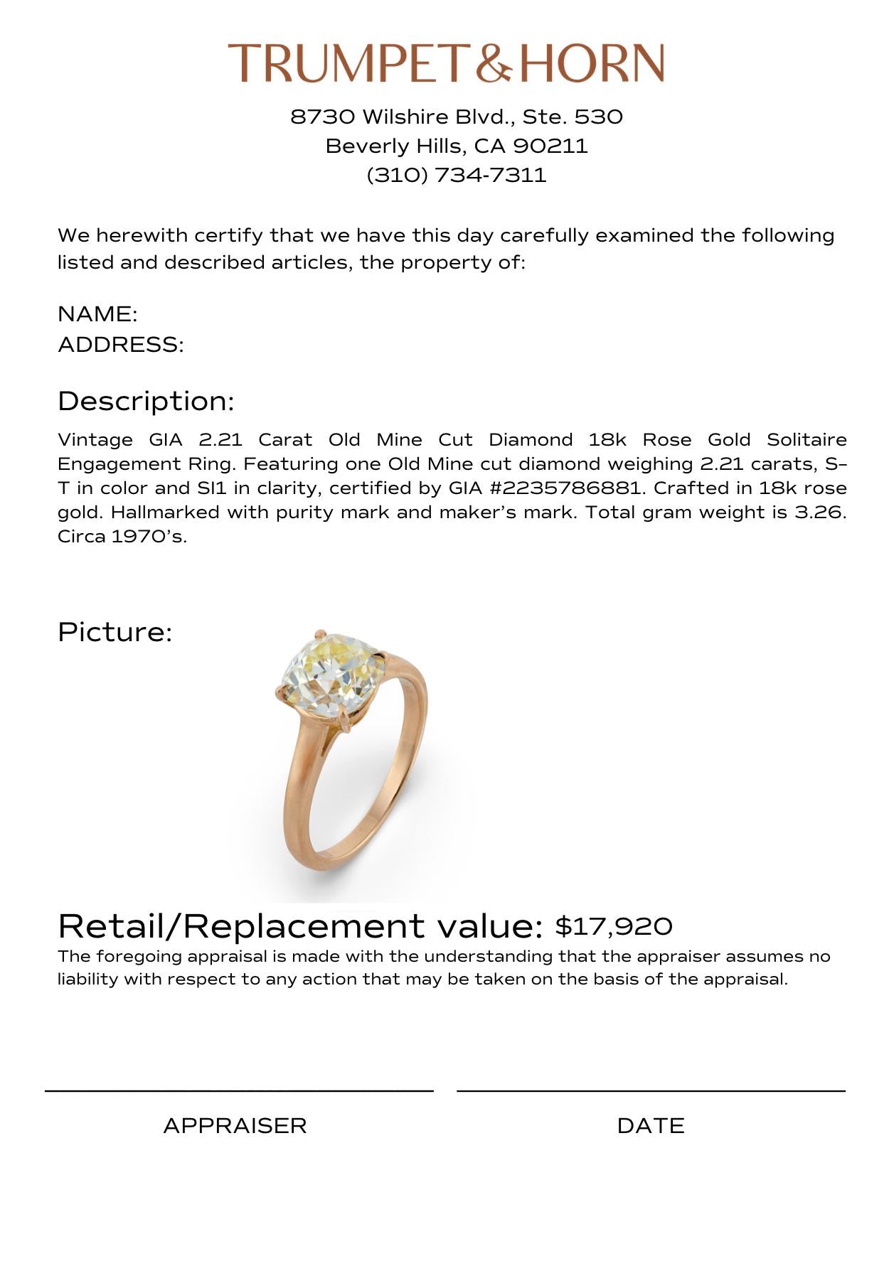 Vintage GIA 2.21 carat old mine cut diamond 18k gold solitaire engagement ring