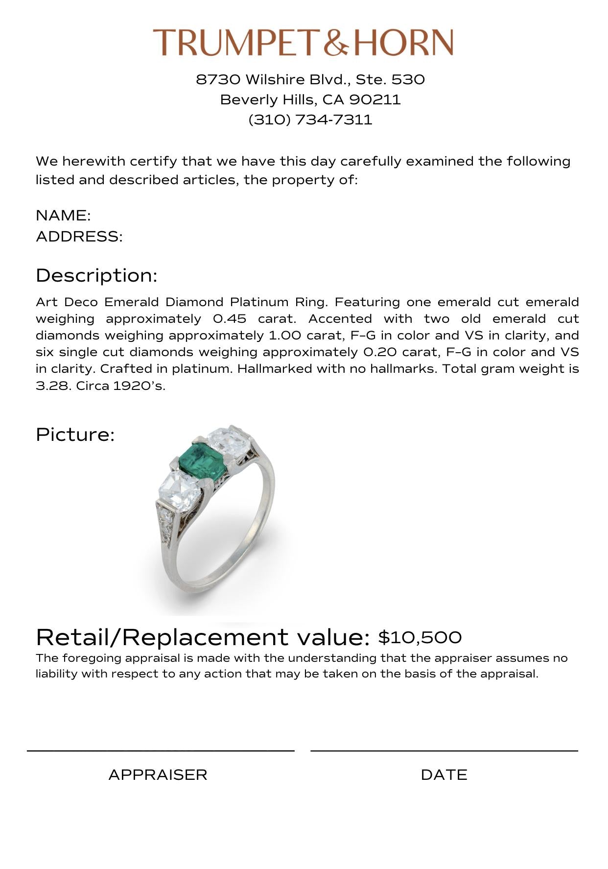 Art Deco emerald diamond platinum ring