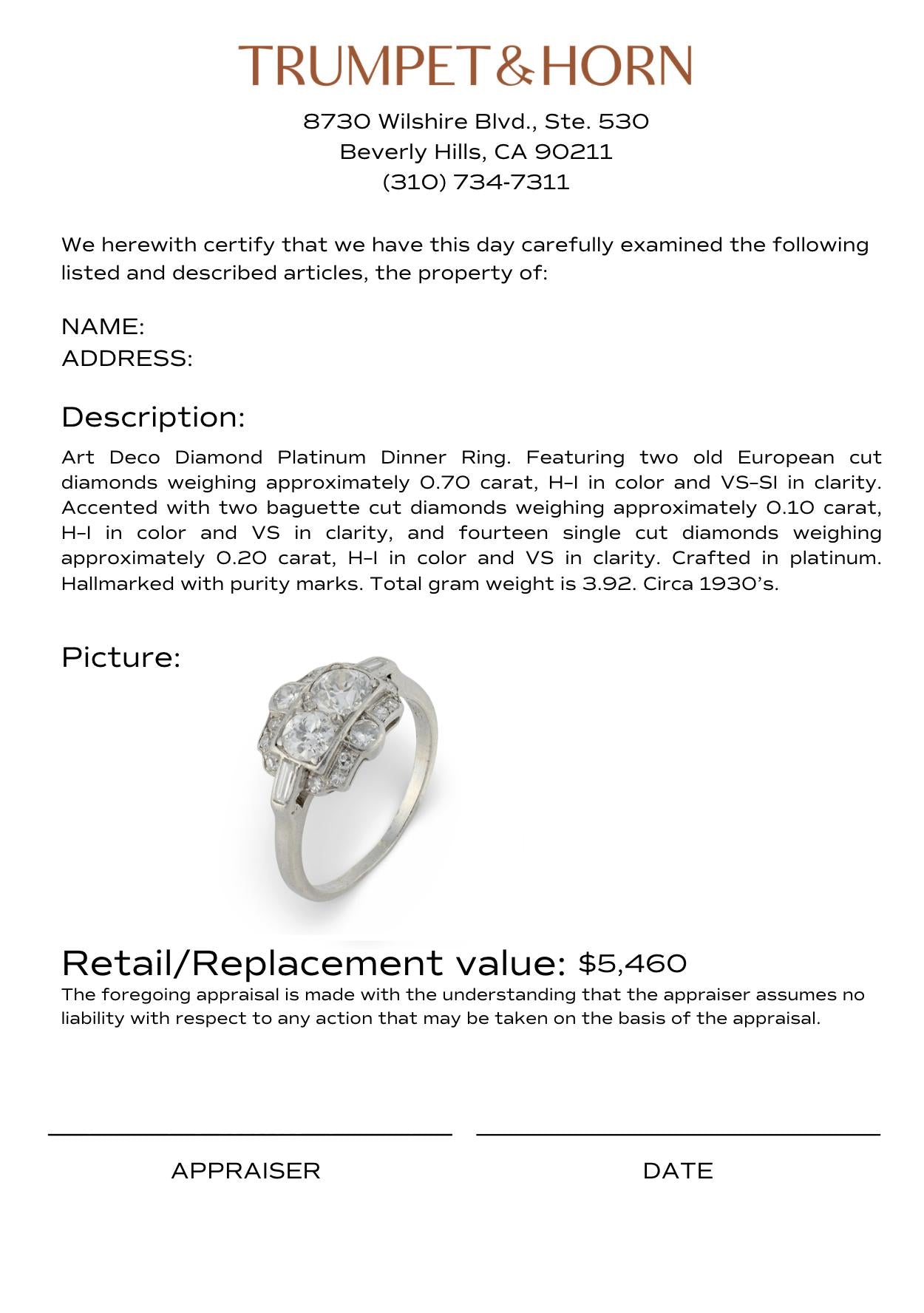 Art Deco diamond platinum dinner ring