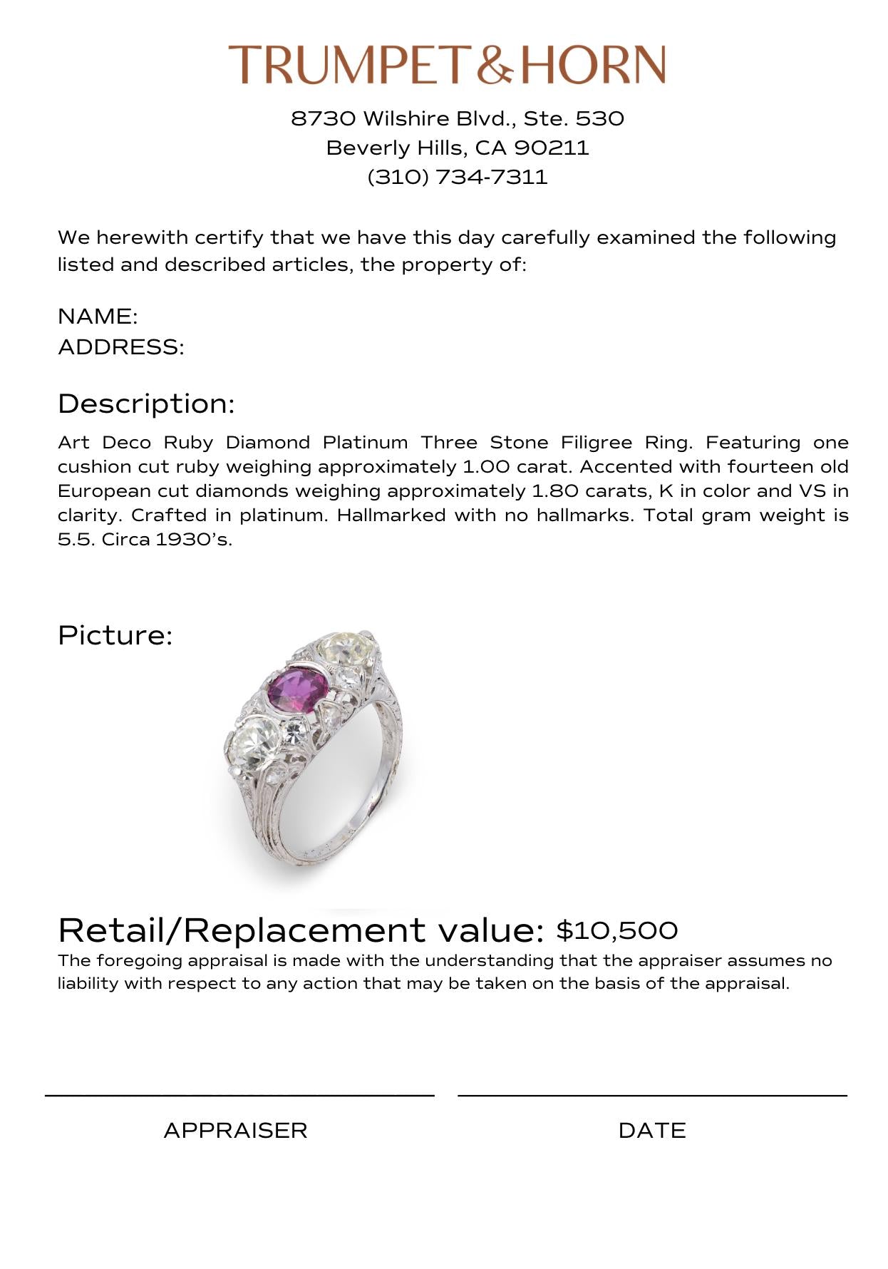 Art Deco ruby diamond platinum 3 stone filigree ring