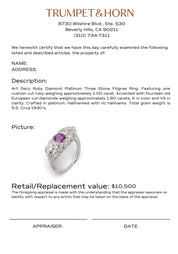 Art Deco ruby diamond platinum 3 stone filigree ring