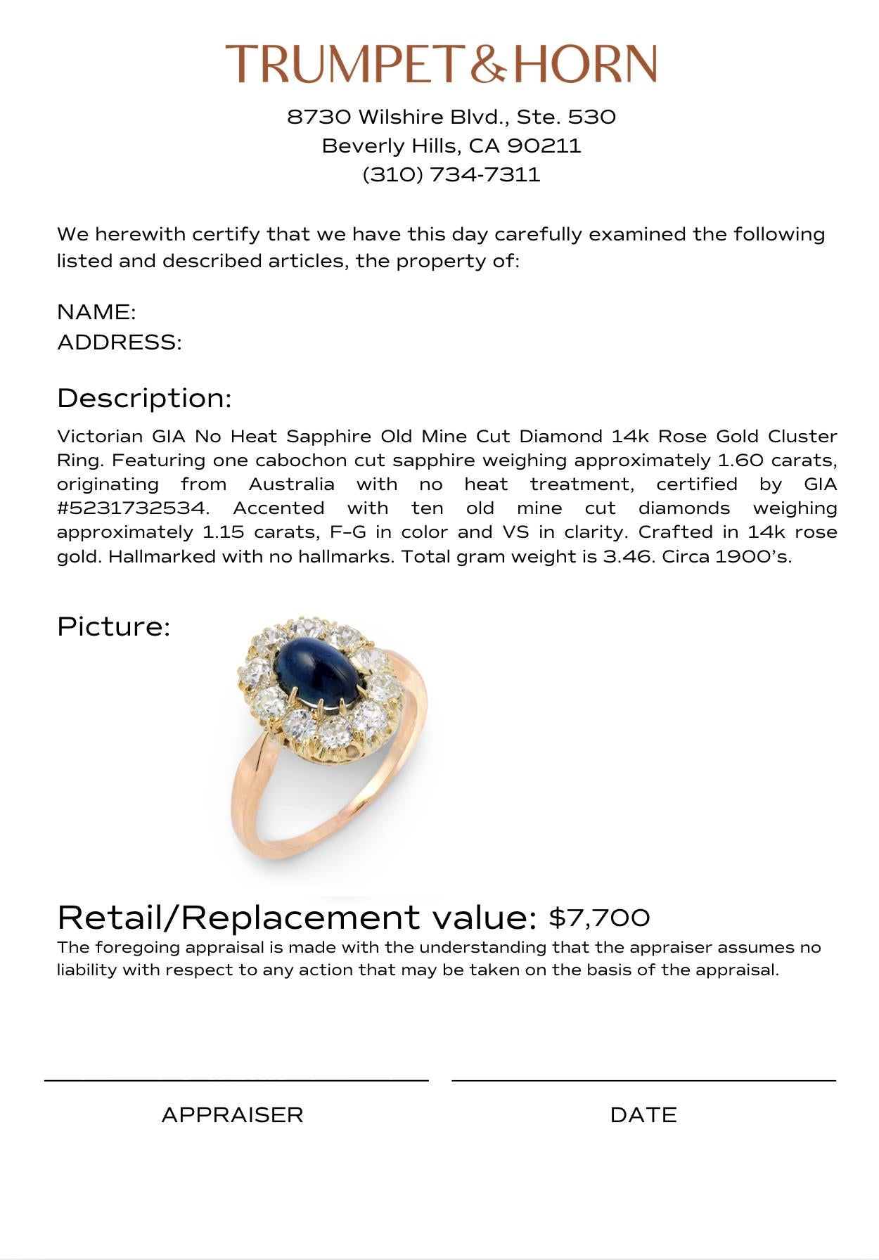 Victorian GIA no heat sapphire old mine cut diamond 14k rose gold cluster ring