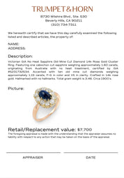 Victorian GIA no heat sapphire old mine cut diamond 14k rose gold cluster ring
