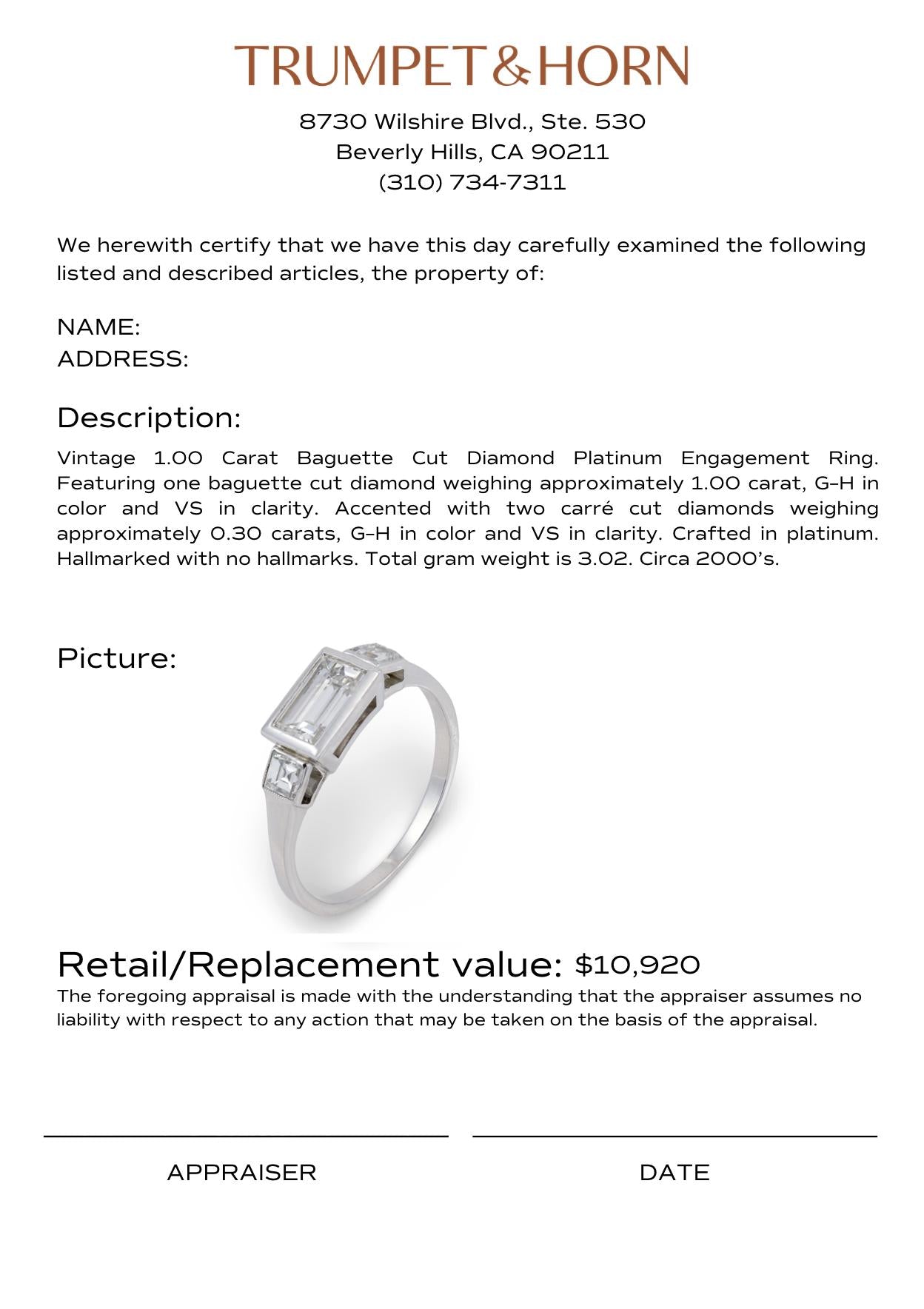 Vintage 1.00 carat baguette cut diamond platinum engagement ring