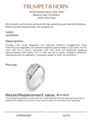 Vintage 1.00 carat baguette cut diamond platinum engagement ring