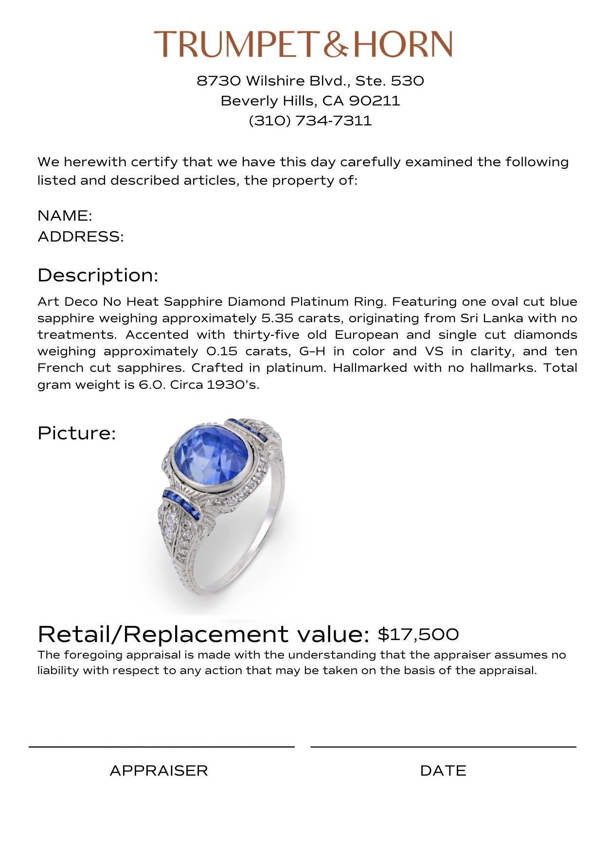 Art Deco no heat sapphire diamond platinum ring