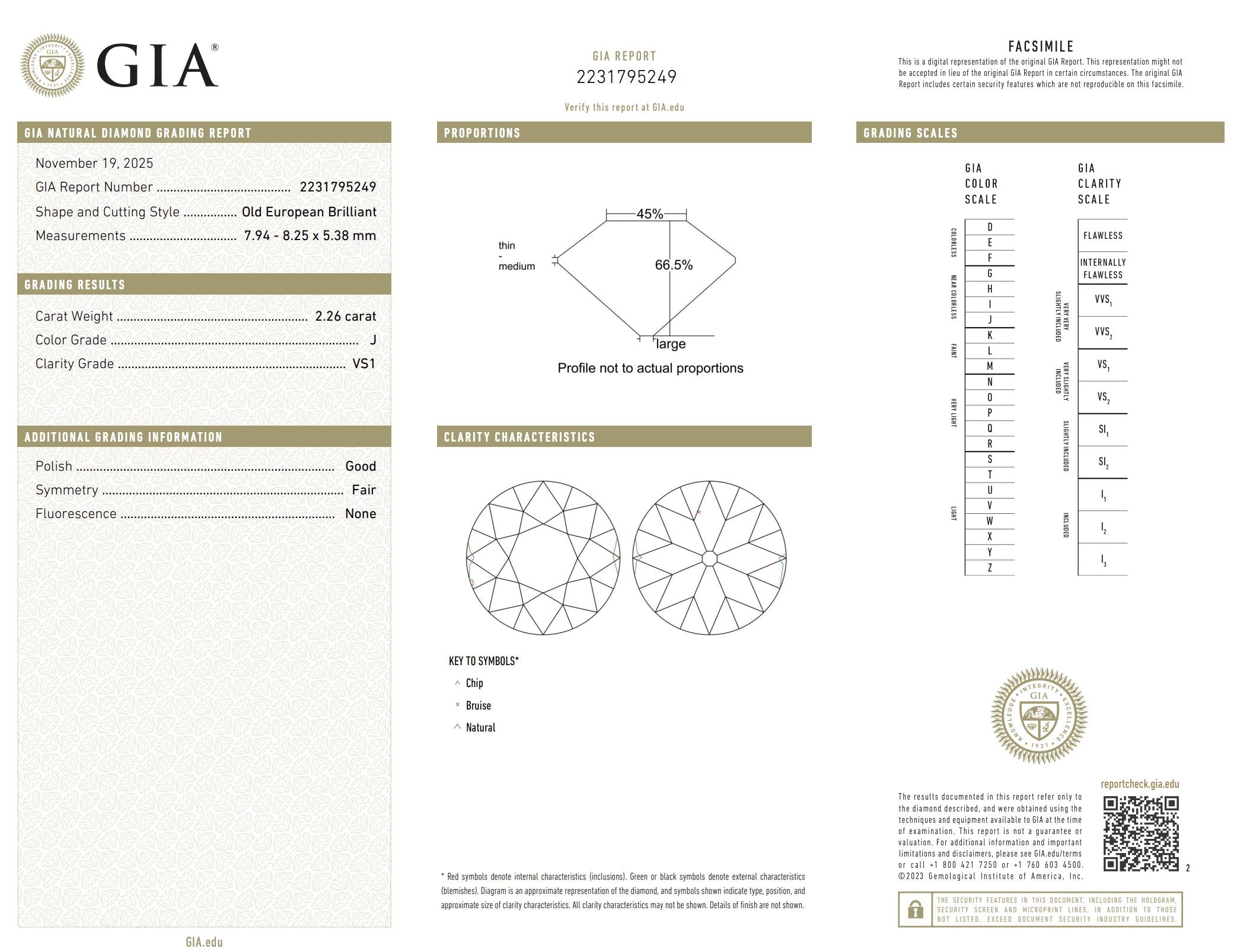 Art Deco GIA 2.26 carat Old European cut diamond platinum engagement ring