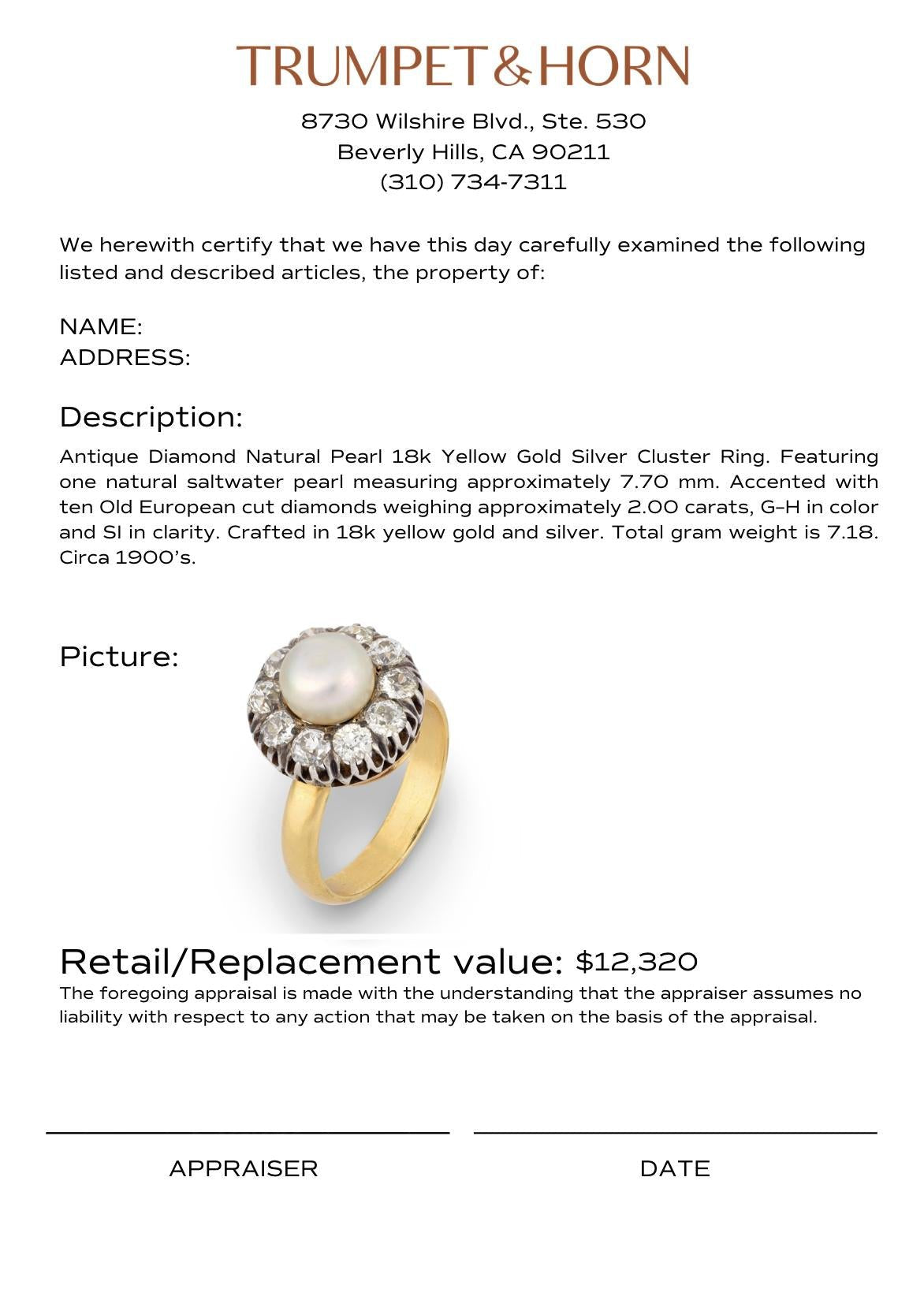 Antique diamond natural pearl 18k yellow gold silver cluster ring