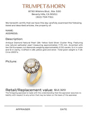 Antique diamond natural pearl 18k yellow gold silver cluster ring