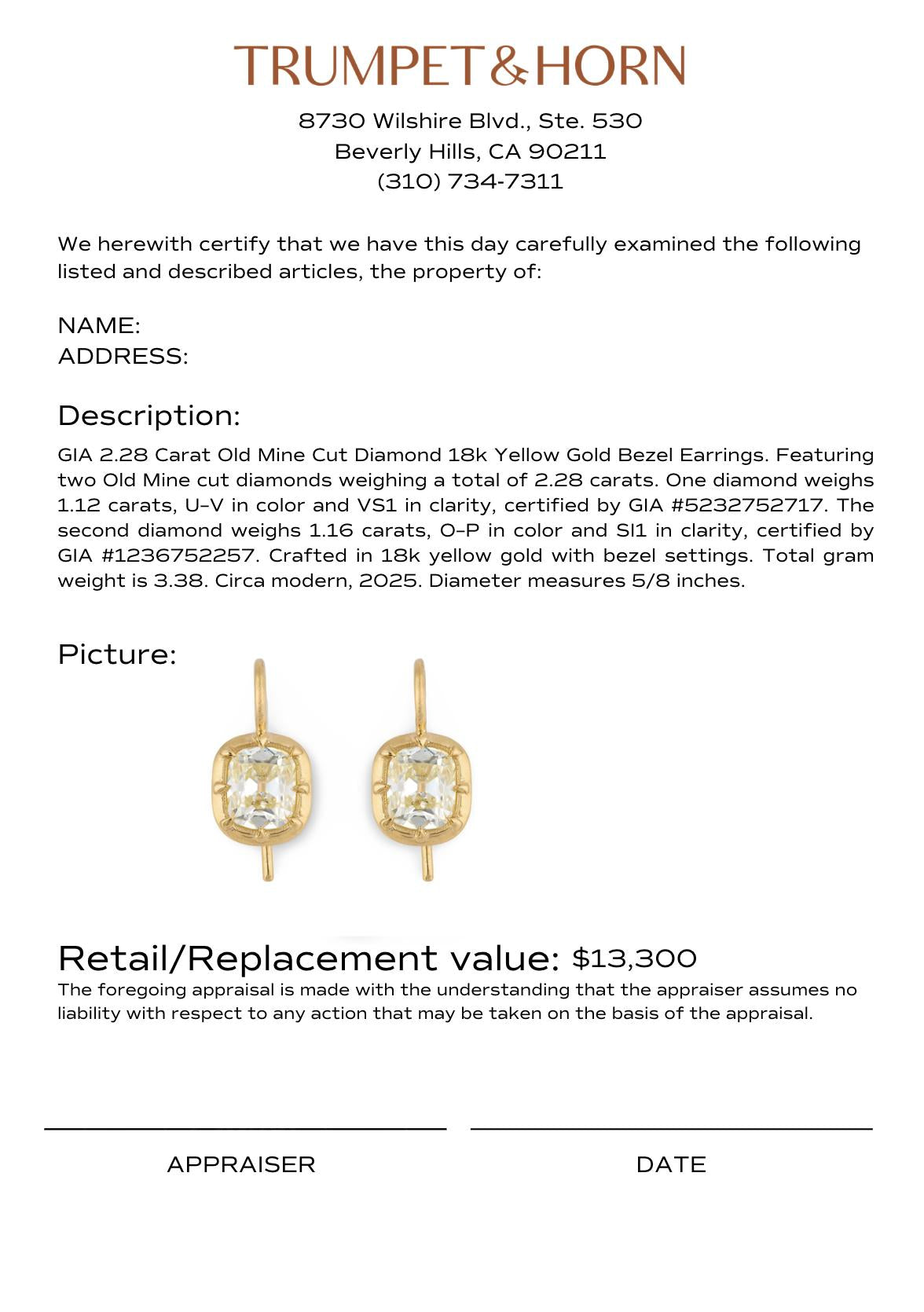 GIA 2.28 carat old mine cut diamond 18k yellow gold bezel earrings