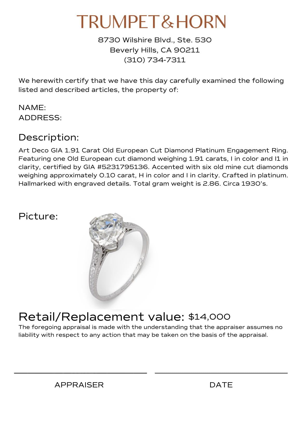 Art Deco GIA 1.91 carat old European cut diamond platinum engagement ring