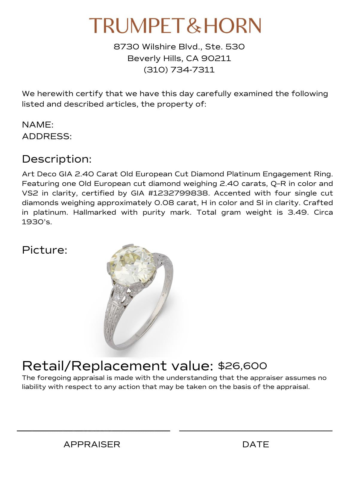 Art Deco GIA 2.40 carat old European cut diamond platinum engagement ring