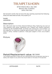 GIA 1.95 carat oval cut ruby diamond platinum ring