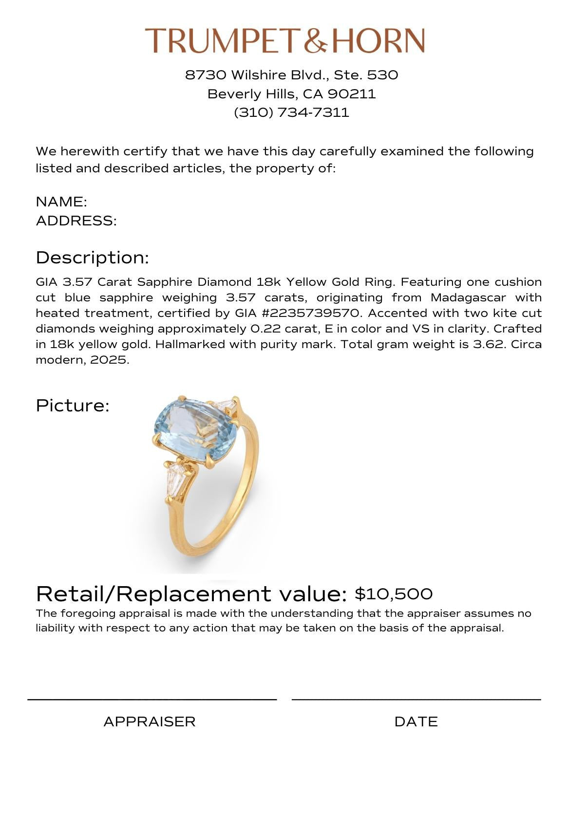 GIA 3.57 carat sapphire diamond 18k yellow gold ring