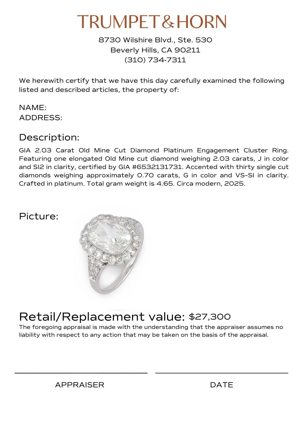 GIA 2.03 carat old mine cut diamond platinum engagement cluster ring